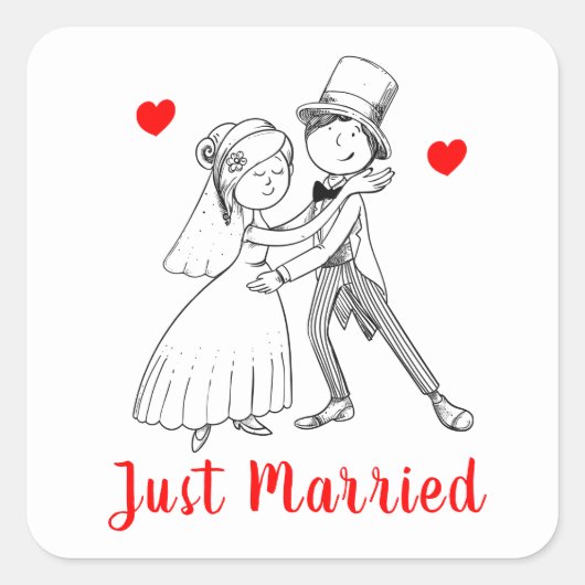 キュートブリーフグルーマーたった今結婚しましたヴィンテージ白黒 スクエアシール (正面)