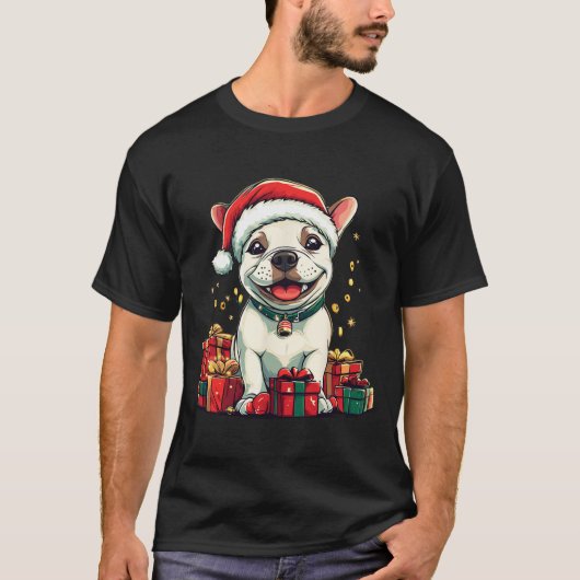 キュートブルテリアサンタハットおもしろいクリスマスクリスマスD Tシャツ (正面)