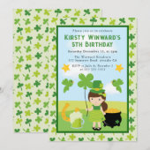 キュートブルネットガールセントパトリック子供の誕生日 招待状 (正面/裏面)