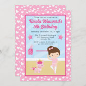 キュートブルネットガールバレリーナ子供の誕生日 招待状 (正面/裏面)