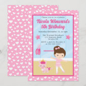 キュートブルネットガールバレリーナ子供の誕生日 招待状 (正面/裏面)