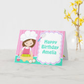 キュートブルネットガールベーキング誕生日 カード (黄色い花)