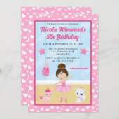 キュートブルネットバレリーナ子供の誕生日 招待状 (正面/裏面)