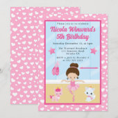 キュートブルネットバレリーナ子供の誕生日 招待状 (正面/裏面)