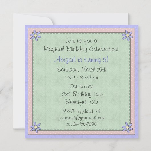 キュートブルネットプリンセスアンドユニコーン誕生日招待状 招待状 (裏面)