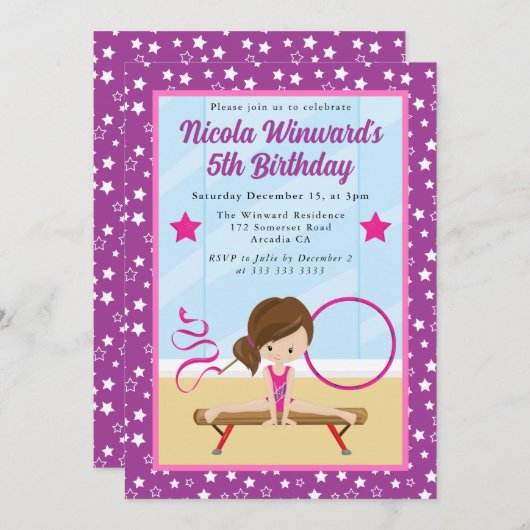 キュートブルネットヘアガールギムナスト子供の誕生日 招待状 (正面/裏面)