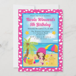 キュートブルネットヘアードガールビーチ子供の誕生日 招待状