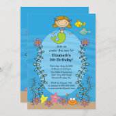 キュートブルネットマーメイド誕生日招待状 招待状 (正面/裏面)