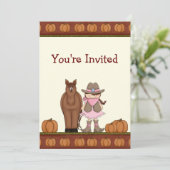 キュートブルネット女性のカーボーイアンドホースオータム誕生日 招待状 (スタンド正面)