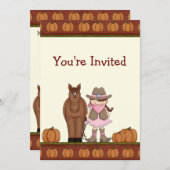 キュートブルネット女性のカーボーイアンドホースオータム誕生日 招待状 (正面/裏面)