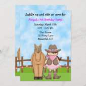 キュートブルネット女性のカーボーイアンドホース誕生日招待状 招待状 (正面/裏面)