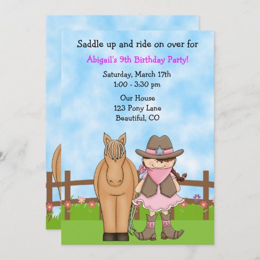 キュートブルネット女性のカーボーイアンドホース誕生日招待状 招待状 (正面/裏面)