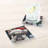 キュートブルフランスのドッグサンタクリスマスホリデーデザイン ガラスコースター (アングル)