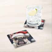 キュートブルフランスのドッグサンタクリスマスホリデーデザイン スクエアペーパーコースター (インサイチュ)