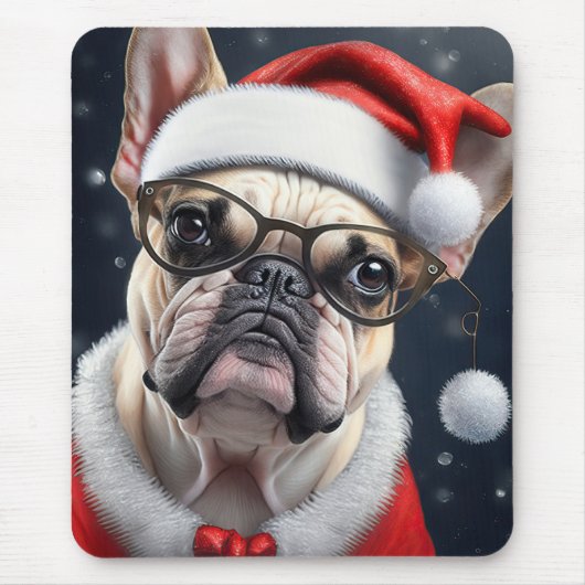 キュートブルフランスのドッグサンタクリスマスホリデーデザイン マウスパッド (正面)