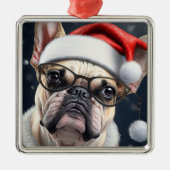 キュートブルフランスのドッグサンタクリスマスホリデーデザイン メタルオーナメント (正面)