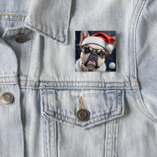 キュートブルフランスのドッグサンタクリスマスホリデーデザイン 缶バッジ (インサイチュ)