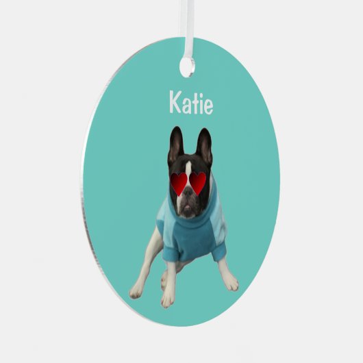 キュートブルフランスのドッグハートティール（緑がかった色）4ケイティオーナメント メタルオーナメント (正面右)