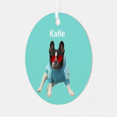 キュートブルフランスのドッグハートティール（緑がかった色）4ケイティオーナメント メタルオーナメント (正面左)