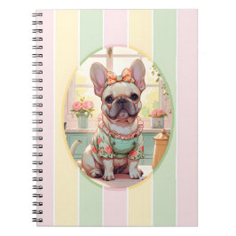 キュートブルフランスのドッグパステルラインズコテージコア ノートブック