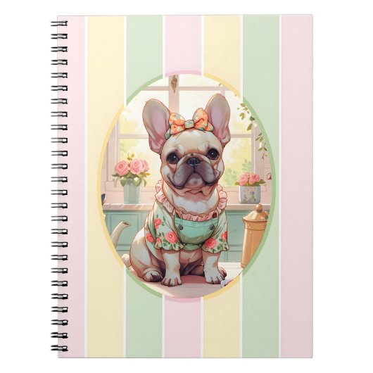キュートブルフランスのドッグパステルラインズコテージコア ノートブック (正面)