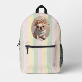 キュートブルフランスのドッグパステルラインズコテージコア プリントバックパック