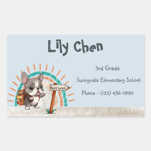 キュートブルフランスのドッグ新学期レインボー 長方形シール (正面)