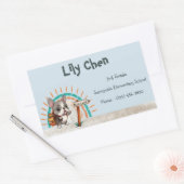 キュートブルフランスのドッグ新学期レインボー 長方形シール (封筒)