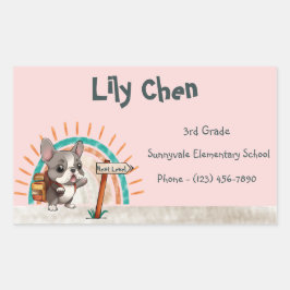 キュートブルフランスのドッグ新学期レインボー 長方形シール