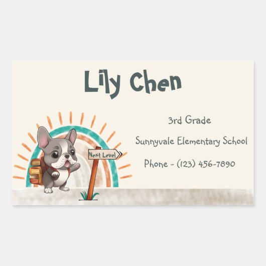 キュートブルフランスのドッグ新学期レインボー 長方形シール (正面)