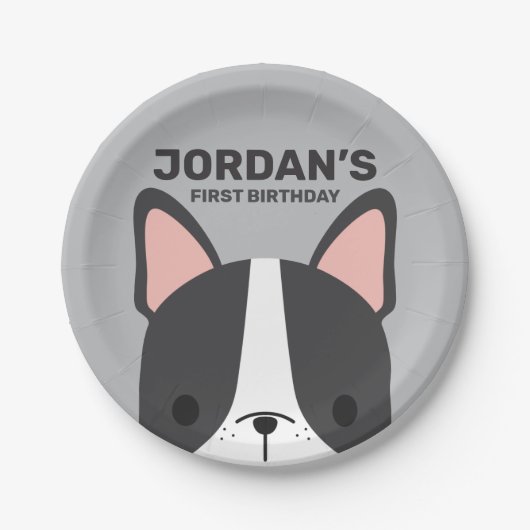 キュートブルフランスのドッグ誕生日 ペーパープレート (正面)