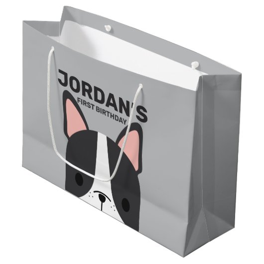 キュートブルフランスのドッグ誕生日 ラージペーパーバッグ (正面アングル)