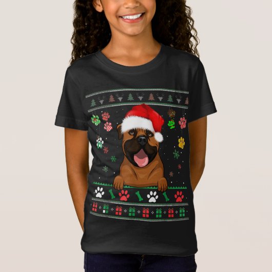 キュートブルマスティフドッグクリスマスサンタおもしろい醜いキリスト Tシャツ (正面)