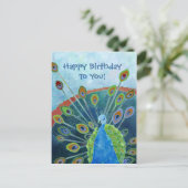 キュートブルーお洒落ピーコック誕生日 ポストカード (スタンド正面)