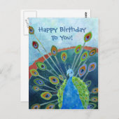 キュートブルーお洒落ピーコック誕生日 ポストカード (正面/裏面)