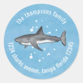 キュートブルーお洒落海サメ差出人住所 ラウンドシール (正面)