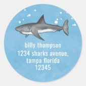 キュートブルーお洒落海サメ差出人住所 ラウンドシール (正面)