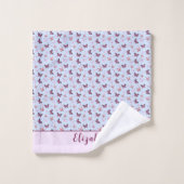 キュートブルーとピンクバタフライ名前をカスタムする ガーリー バスタオルセット (ウォッシュタオル)