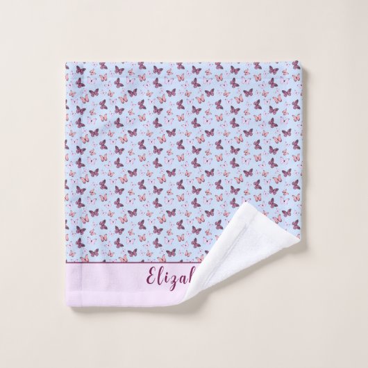 キュートブルーとピンクバタフライ名前をカスタムする ガーリー バスタオルセット (ウォッシュタオル)