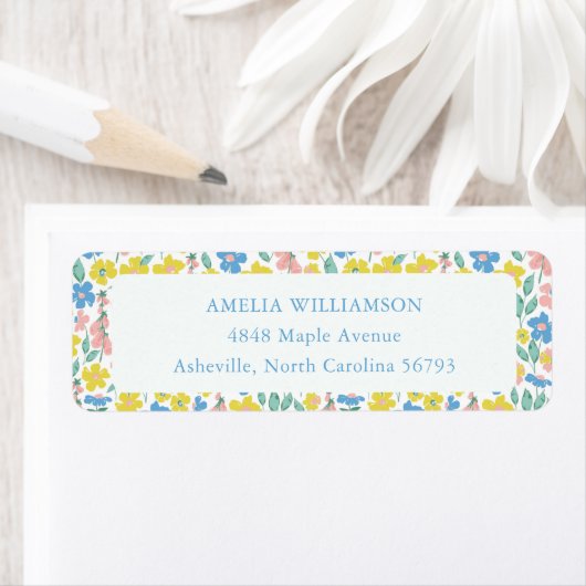 キュートブルーイエローフローラカスタム差出人住所 ラベル (インサイチュ)