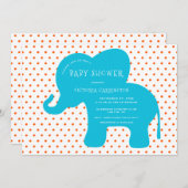キュートブルーエレファントオレンジ水玉模様ベビースシャワー 招待状 (正面/裏面)