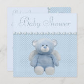 キュートブルーエンジェルテディベア男の赤ちゃんシャワー 招待状 (正面/裏面)