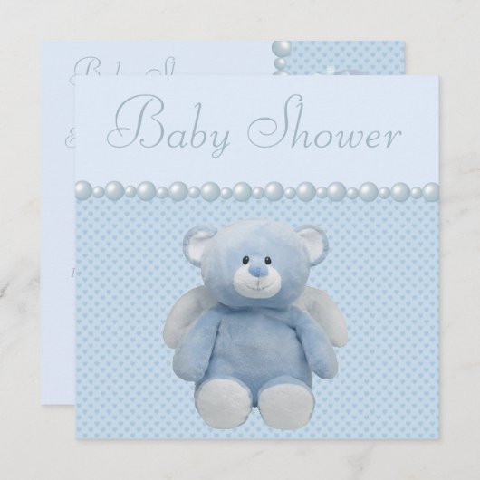 キュートブルーエンジェルテディベア男の赤ちゃんシャワー 招待状 (正面/裏面)
