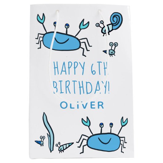 キュートブルーカニシーアニマルズボーイハッピーバースデー ミディアムペーパーバッグ (正面)