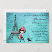 キュートブルーガールアンドキャットパリ誕生日招待状 招待状 (裏面)