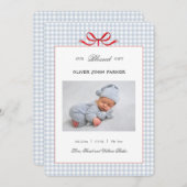 キュートブルーギンガム男の赤ちゃんホリデー誕生 案内状 (正面/裏面)