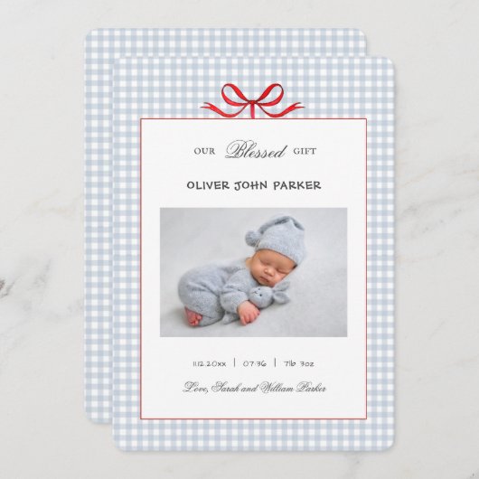 キュートブルーギンガム男の赤ちゃんホリデー誕生 案内状 (正面/裏面)