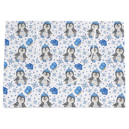 キュートブルークリスマスアイススケートで滑るペンギン ラージペーパーバッグ