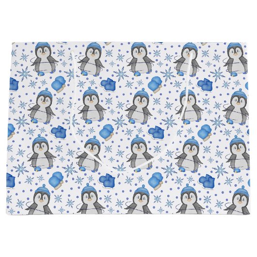 キュートブルークリスマスアイススケートで滑るペンギン ラージペーパーバッグ (正面)