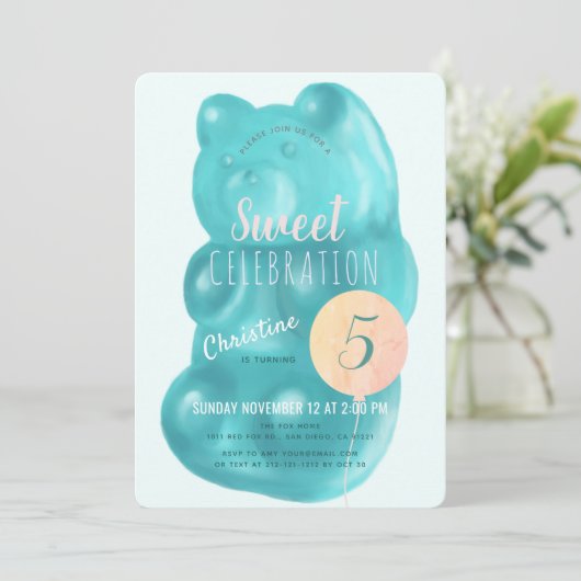 キュートブルーグミベアスイートキャンディ誕生日 招待状 (スタンド正面)